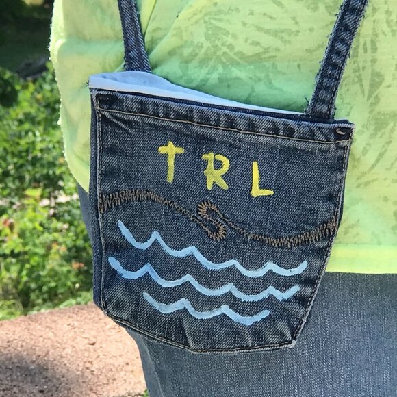 Handmade Crossbody Bag: Recycled Denim Cell Phone Holder, Table Rock Lake Pouch - Picture 4 of 11